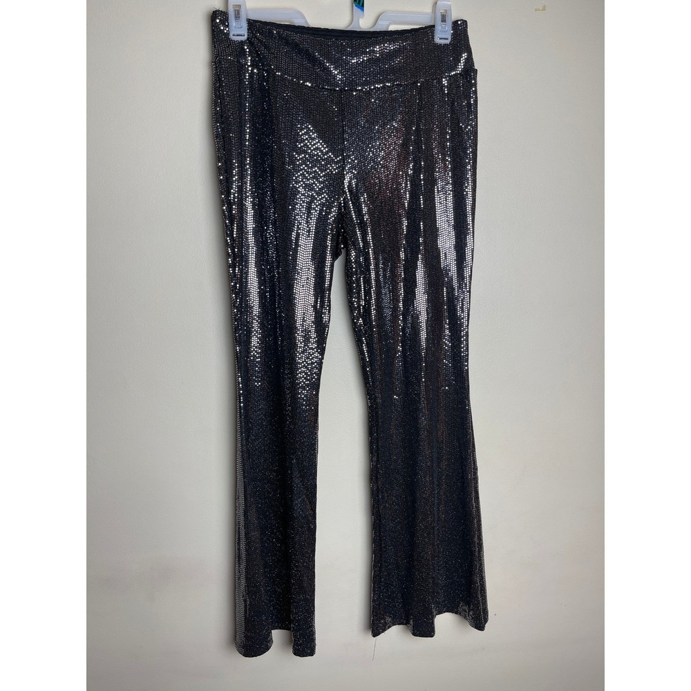 Women's Black Sequin Flare Pants Wide Leg High Waist Disco Party Festival XXL